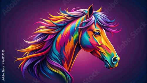 Majestic horse head silhouette stands tall on a deep purple background, with bright yellow and pink hues swirling photo