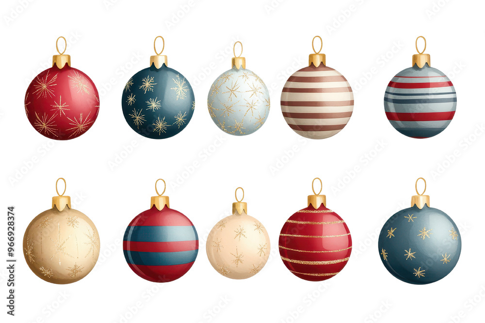 A collection of festive Christmas ornaments featuring various colors and patterns, perfect for holiday decorations. A collection of festive Christmas ornaments featuring various colors and patterns, perfect for holiday decorations.