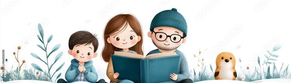 Family Reading Together in Winter Illustration Family Reading Together in Winter Illustration