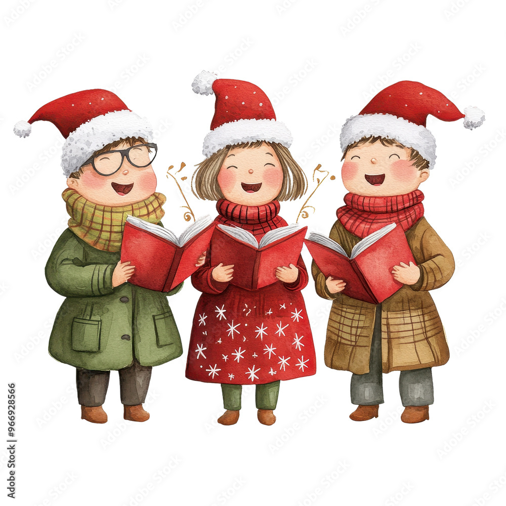 Three cheerful children wearing festive hats sing carols while reading books, celebrating the joy of the holiday season. Three cheerful children wearing festive hats sing carols while reading books, celebrating the joy of the holiday season.