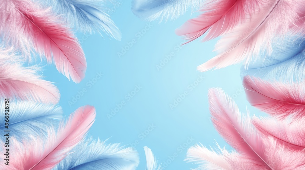 Obraz premium Pink and Blue Feathers Frame on Light Blue Background