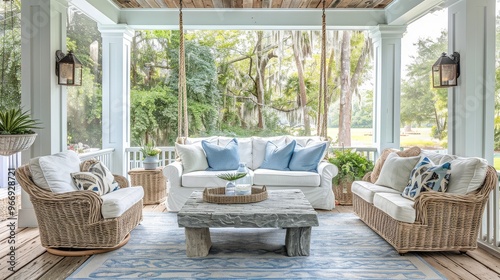 Coastal cottage porch with white sofa, blue chairs, hanging swing, greenery, butterfly throw pillows, natural wood flooring, pastel colors, stone coffee table, wicker side tables, and light blue ceili photo