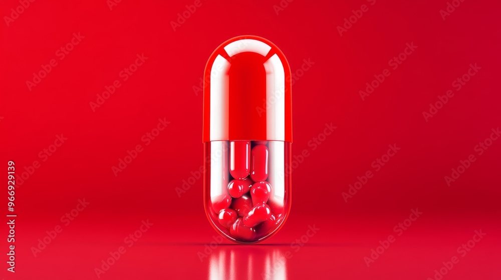 Red Capsule Filled with Small Pills on Red Background Red Capsule Filled with Small Pills on Red Background
