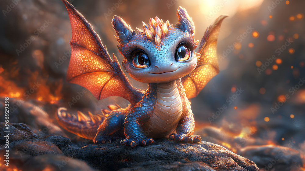 cute baby dragon on a volcanic rock mountain cute baby dragon on a volcanic rock mountain
