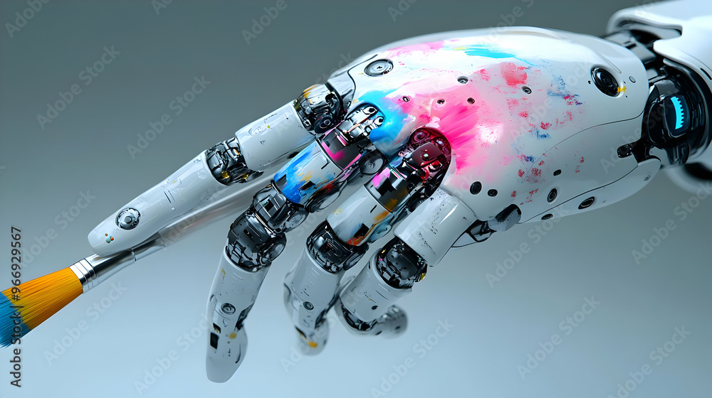 A robotic hand holding a paintbrush, splattered with vibrant colors. A robotic hand holding a paintbrush, splattered with vibrant colors.