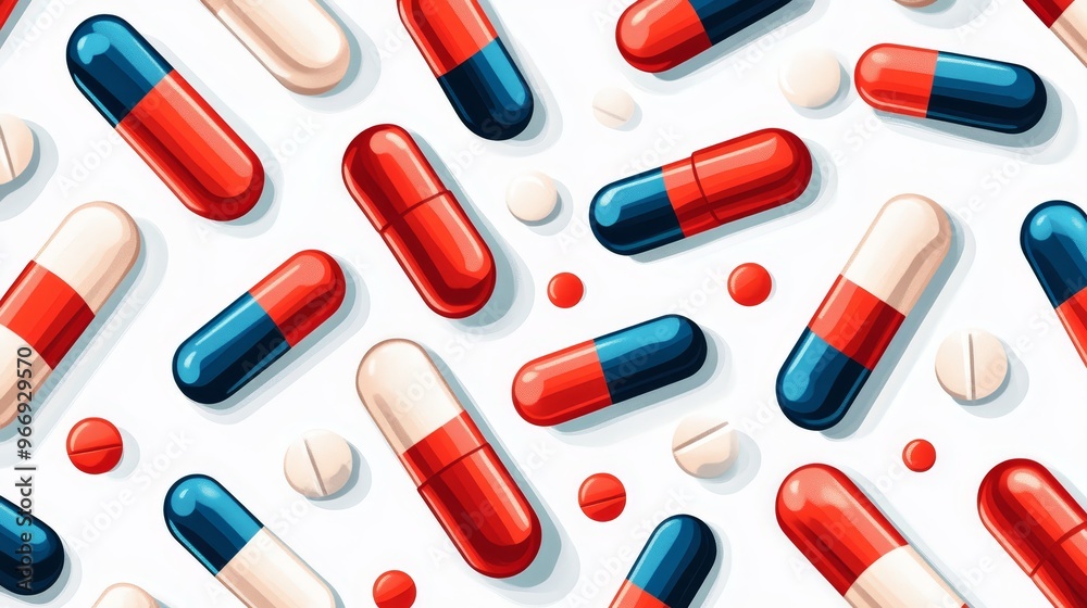 Red and Blue Capsules and Pills Scattered on White Background Red and Blue Capsules and Pills Scattered on White Background