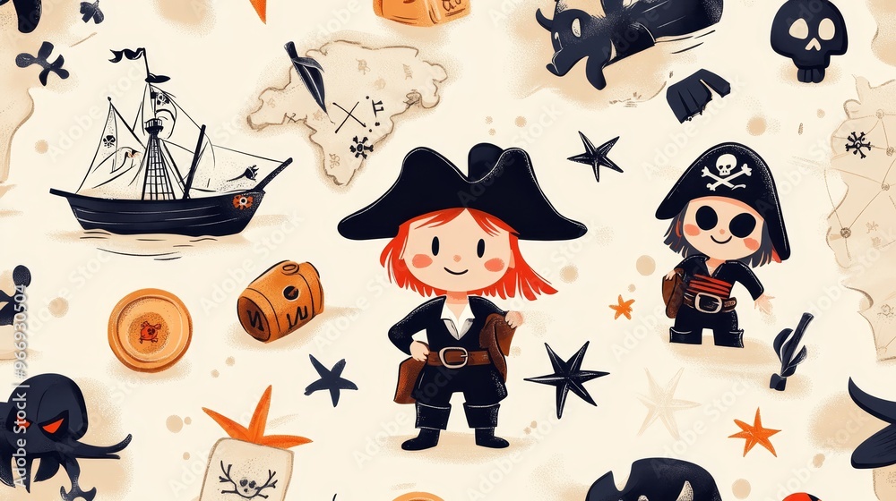Cartoon Pirates and Treasure Seamless Pattern Cartoon Pirates and Treasure Seamless Pattern