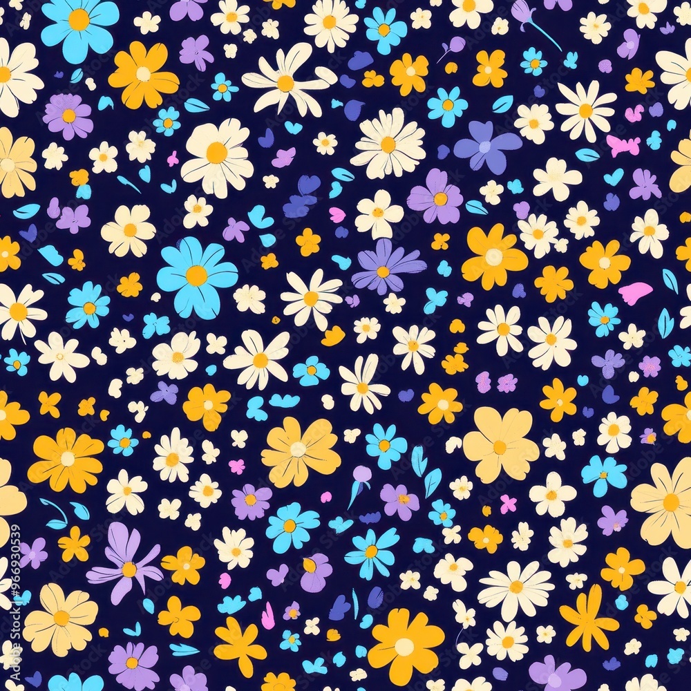 A vibrant floral pattern featuring various flowers and butterflies on a dark background. A vibrant floral pattern featuring various flowers and butterflies on a dark background.