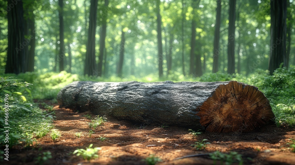 Fototapeta premium Fallen Tree Trunk in a Sunlit Forest