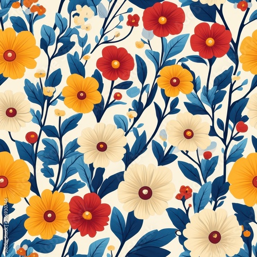 Wallpaper Mural A vibrant floral pattern featuring various flowers and leaves in bright colors. Torontodigital.ca
