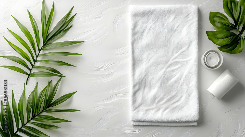 A serene arrangement featuring a white towel, greenery, and a small container on a textured surface. A serene arrangement featuring a white towel, greenery, and a small container on a textured surface.