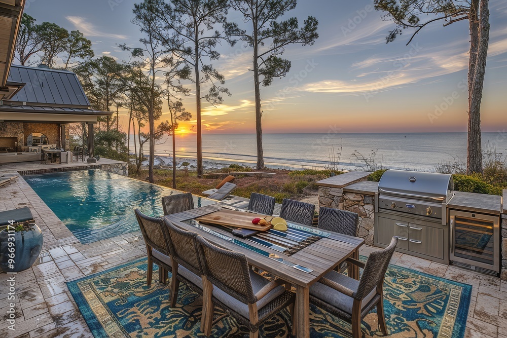 Fototapeta premium Coastal outdoor dining area with aluminum grilling station, wooden table and chairs on blue-green patterned rug, overlooking the ocean in Beagan, South Carolina, with beach pine trees and pool reflect
