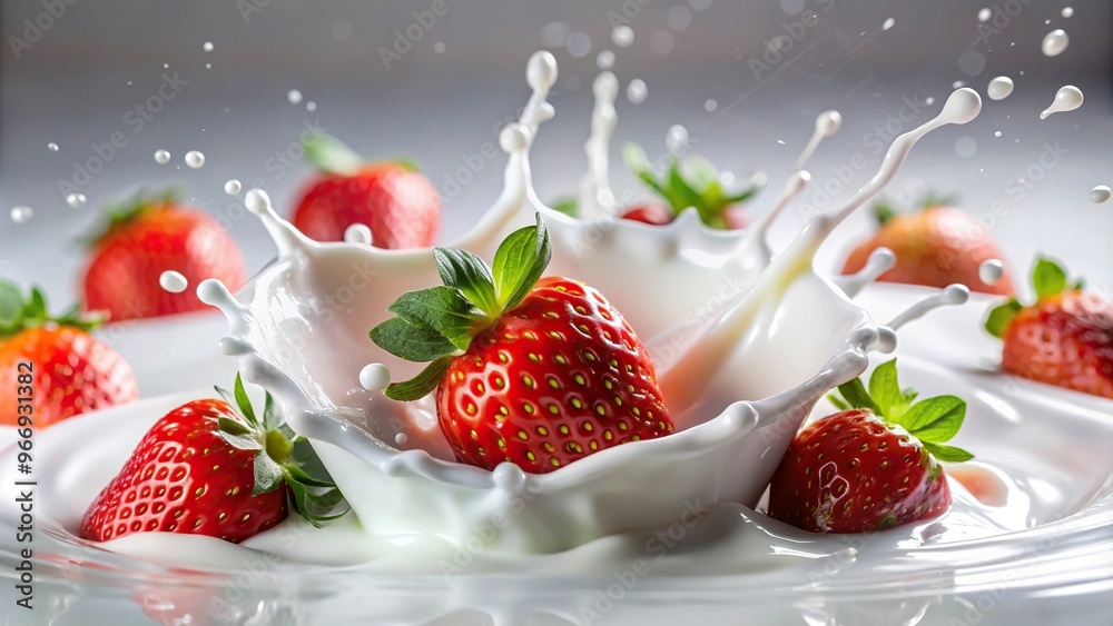 Strawberries falling into yogurt with splashes, Extreme Close-Up