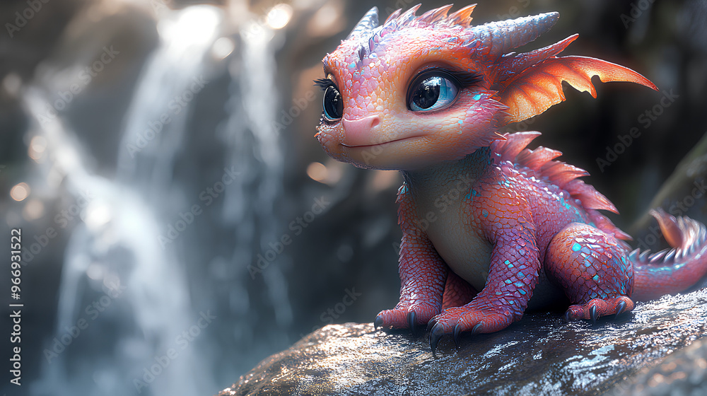 Naklejka premium cute baby dragon near the waterfall