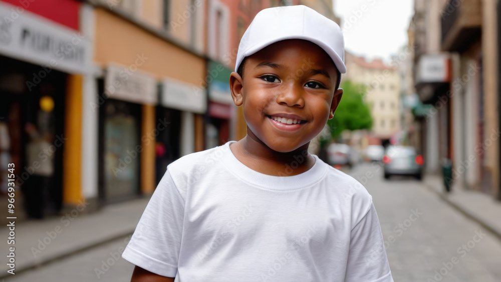 Little black boy wearing white t-shirt and white baseball cap standing on the street Little black boy wearing white t-shirt and white baseball cap standing on the street