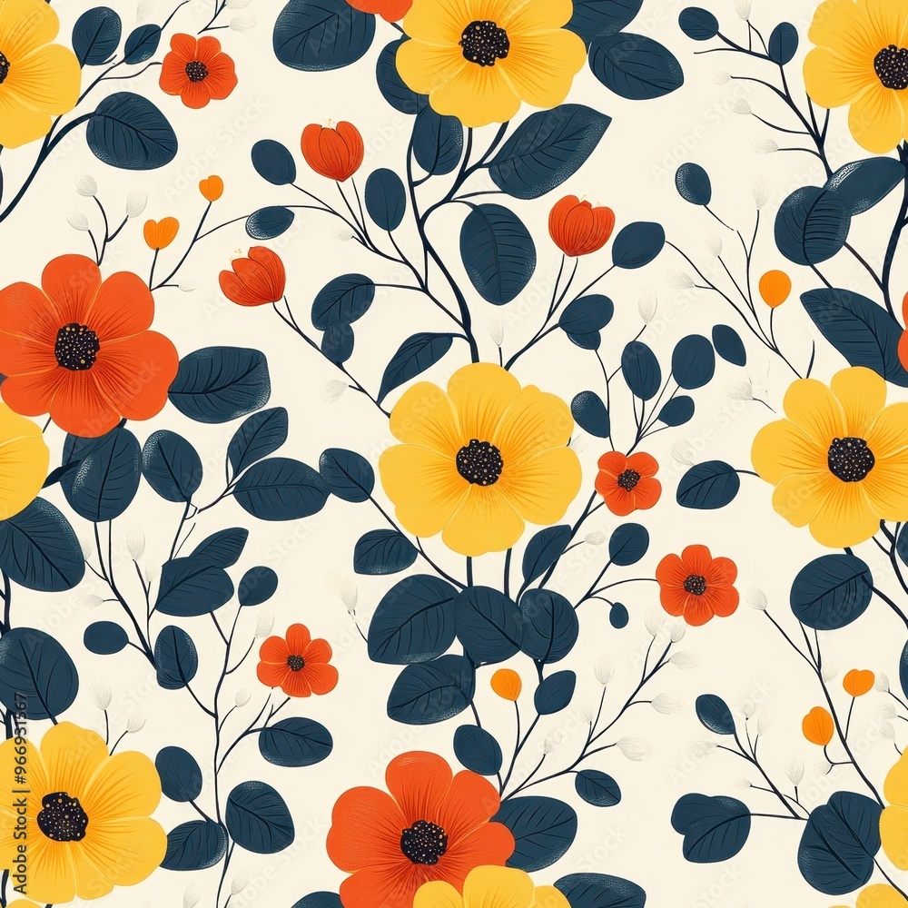 A vibrant floral pattern featuring yellow, orange, and red flowers with green leaves. A vibrant floral pattern featuring yellow, orange, and red flowers with green leaves.