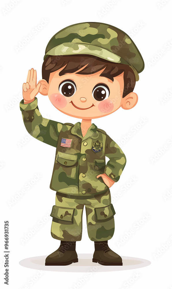 cute illustrations of a little boy in a military / soldier uniform, smiling and giving salute on white background cute illustrations of a little boy in a military / soldier uniform, smiling and giving salute on white background