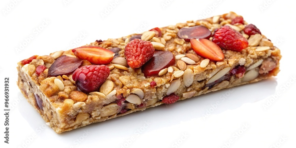 Strawberry oat and nut bar isolated on white background Bird Eye View Strawberry oat and nut bar isolated on white background Bird Eye View