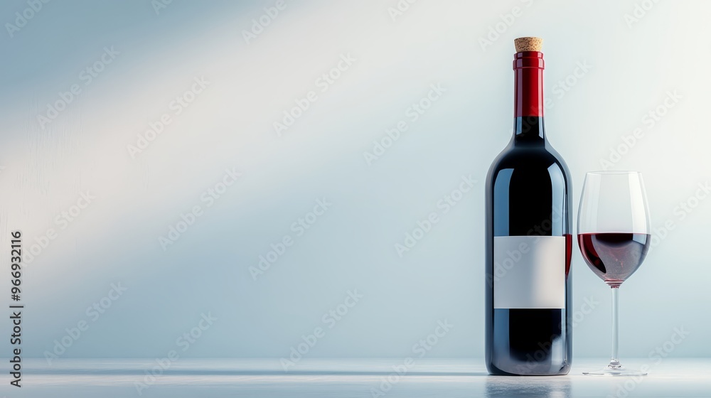 Wine Bottle and Glass on White Table with Blue Background Wine Bottle and Glass on White Table with Blue Background