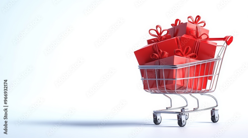 Red Gift Boxes in Shopping Cart on White Background Red Gift Boxes in Shopping Cart on White Background