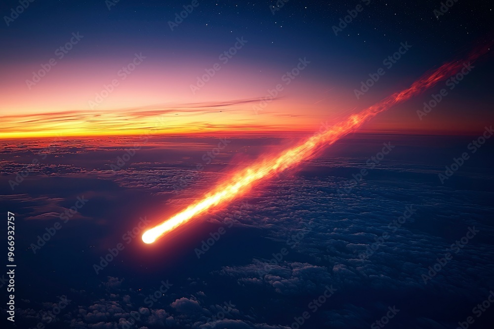 A Fiery Meteor Streaking Through the Atmosphere Above a Sea of Clouds A Fiery Meteor Streaking Through the Atmosphere Above a Sea of Clouds