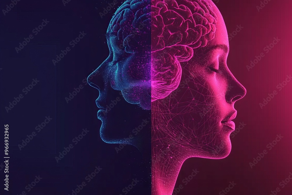 Curiosity attachment and connection two people with glowing brains facing each other representing mental synchronization and shared cognitive states Curiosity attachment and connection two people with glowing brains facing each other representing mental synchronization and shared cognitive states