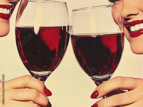vintage illustration of women toasting with glasses of red wine