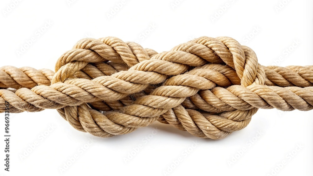 Strong and secure knot tied on a rope isolated on white background fisheye Strong and secure knot tied on a rope isolated on white background fisheye