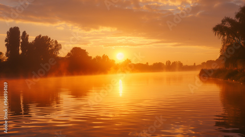 Misty sunrise over a calm lake photo