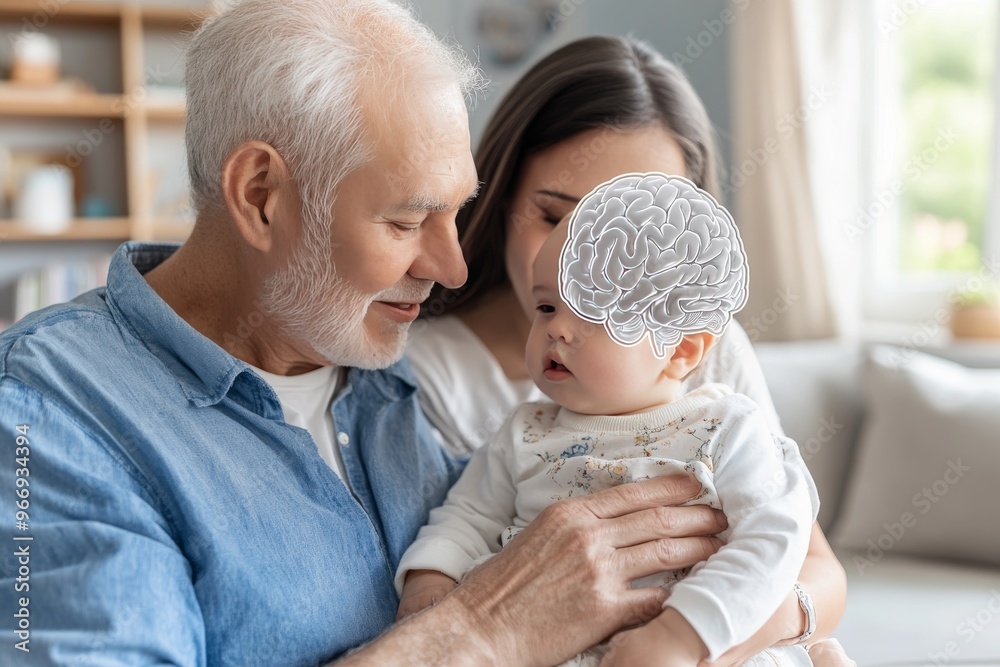 Relationship attachment and psychology elderly man holding baby with neural overlay symbolizing cognitive growth generational connection and family bonding Relationship attachment and psychology elderly man holding baby with neural overlay symbolizing cognitive growth generational connection and family bonding