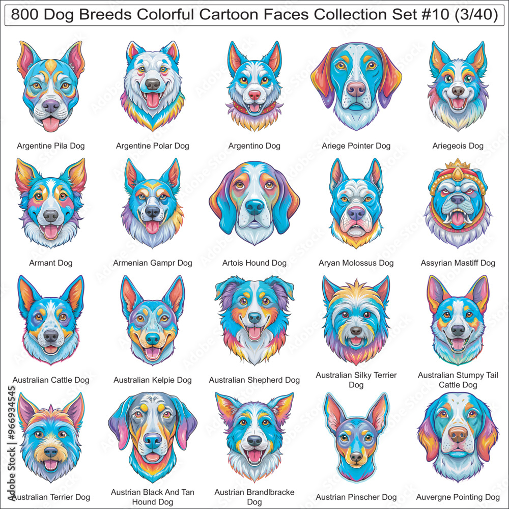 Dog Breeds Colorful Cartoon Dog Faces Collection Set of 800 Dog Faces ...