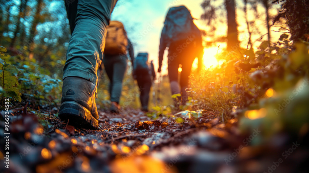 A group of friends hiking through a lush forest trail, enjoying nature and each other company A group of friends hiking through a lush forest trail, enjoying nature and each other company