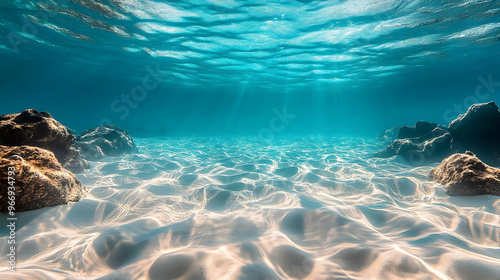 A serene underwater scene with sunlight filtering through water, illuminating sandy ocean floor.