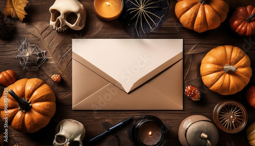 A brown envelope sits on a table with a variety of Halloween decorations, including pumpkins, candles, and spider webs. The scene conveys a festive and spooky atmosphere