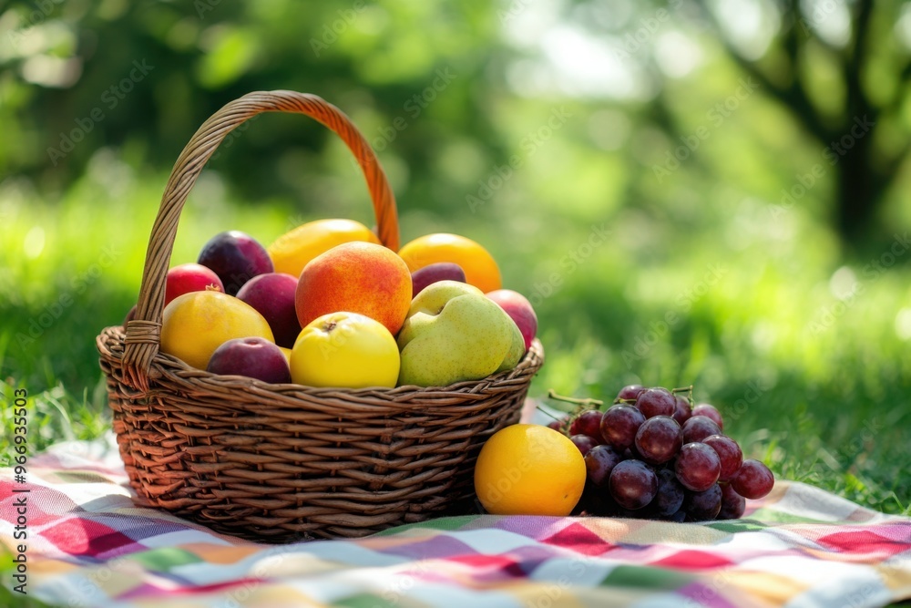 Fruit basket on a picnic blanket in a sunny park Fruit basket on a picnic blanket in a sunny park
