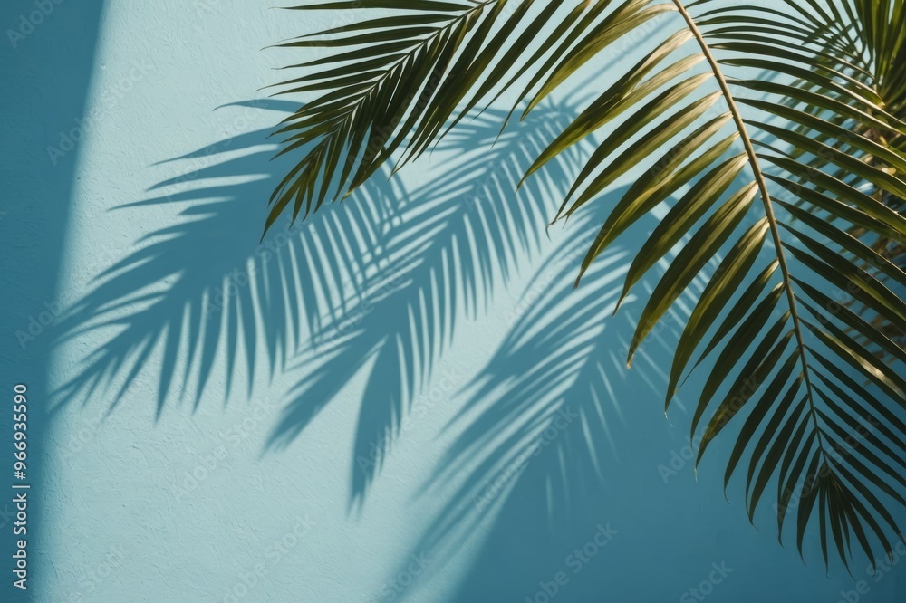 Fototapeta premium blurred shadow from palm leaves on the light blue wall