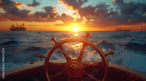 A ship's wheel at sunset ov...