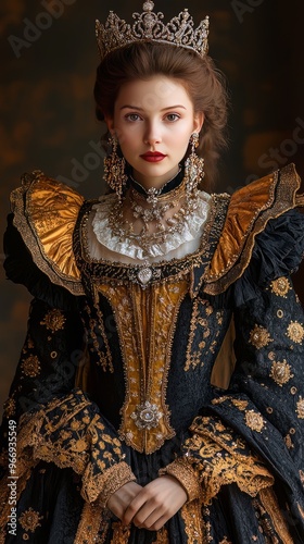 A queen, dressed, black and gold rococo style