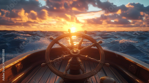 A ship's wheel facing a bea...