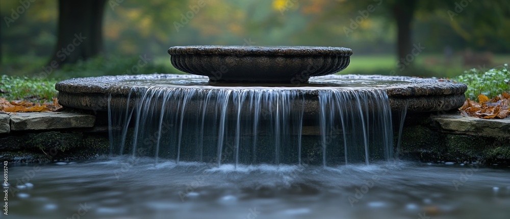 Stone Fountain with Cascading Water in a Forest Setting Stone Fountain with Cascading Water in a Forest Setting