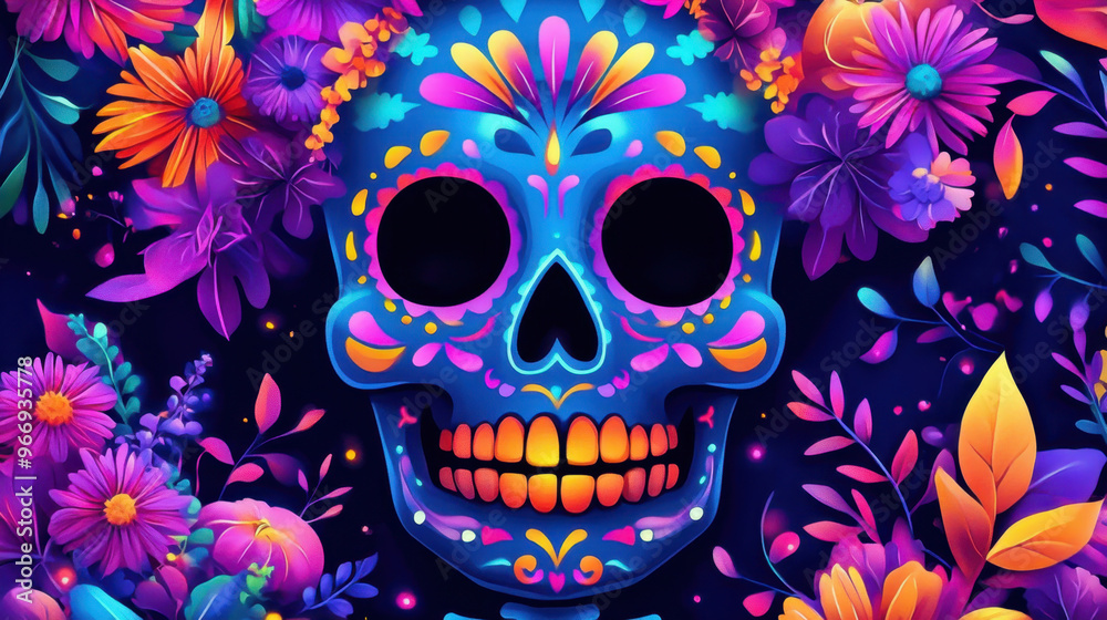 Vibrant Day of the Dead skull with colorful flowers on a dark background. Dia de los Muertos holiday celebration. Concept of life and death, mexican cultural traditions Vibrant Day of the Dead skull with colorful flowers on a dark background. Dia de los Muertos holiday celebration. Concept of life and death, mexican cultural traditions