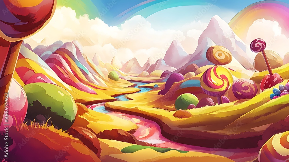 Candy Land Landscape with Rainbow and Stream