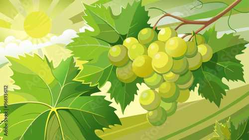 Green Grapes on Green Nature background with Sun rays. Fresh Grapes. Wine grapes Vector Illustration on Nature Background.