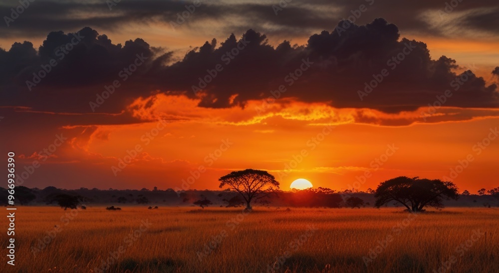 fiery sky at dawn over sunset at vast savannah fiery sky at dawn over sunset at vast savannah