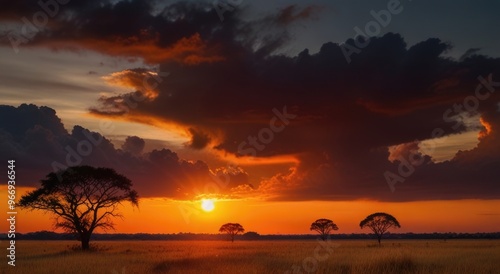 fiery sky at dawn over sunset at vast savannah