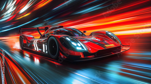 A sleek racing car speeds t...