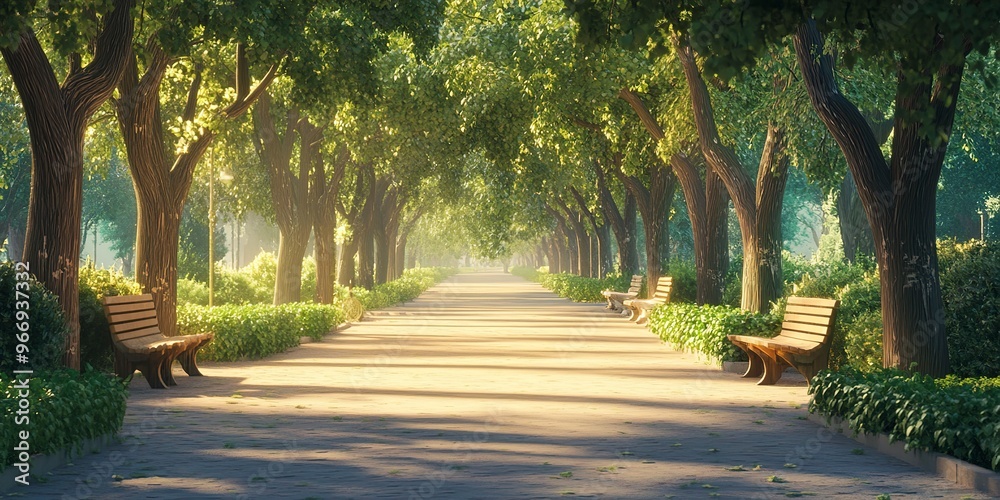 Fototapeta premium Peaceful Alleyway: Tranquil Morning Walk - A serene path lined with trees and benches, bathed in the soft light of a summer morning. The scene evokes tranquility and a sense of peaceful escape.