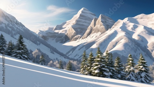 The splendor of snow-covered mountains in winter, a breathtaking natural scene that reflects the beauty of purity and tranquility in the heart of the cold wilderness. photo