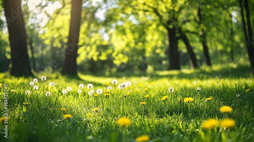 Sunlit Dandelion Meadow in a Tranquil Forest