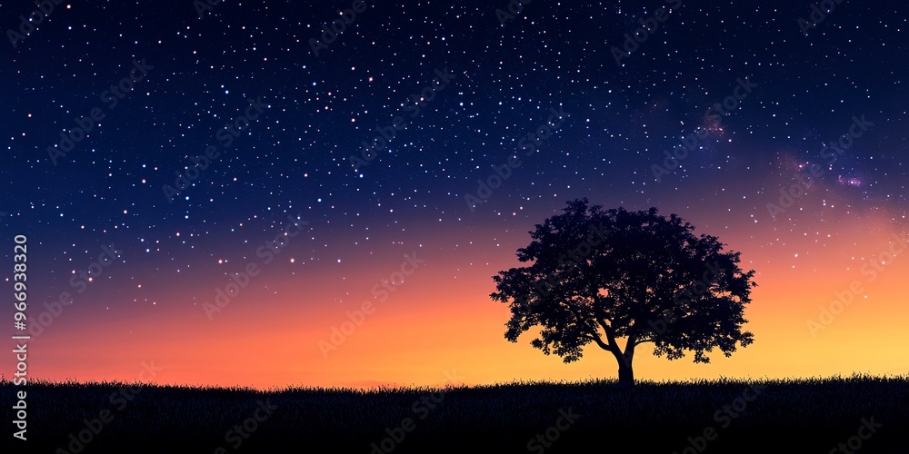 Naklejka premium star-filled sky over a tranquil countryside, with a lone tree silhouetted against the night